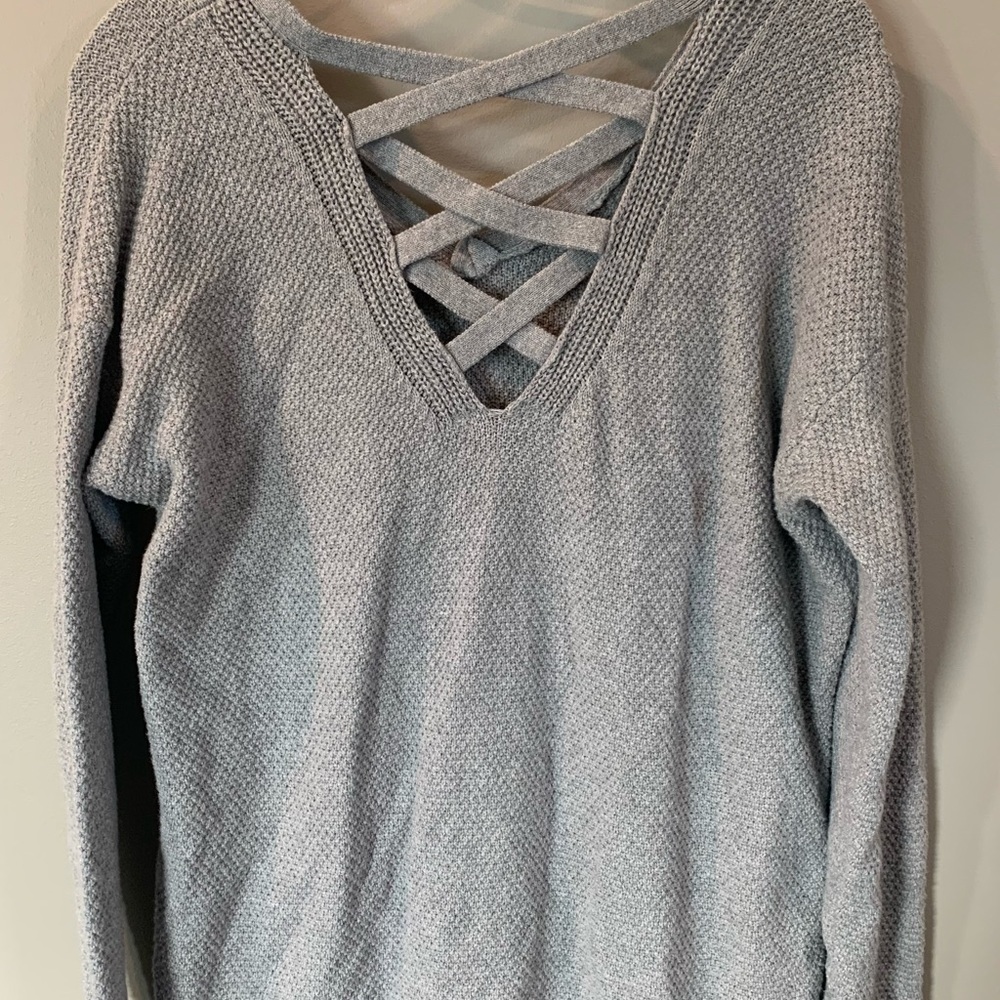 Tribal Gray Criss Cross V Back Chunky Knit Sweater
